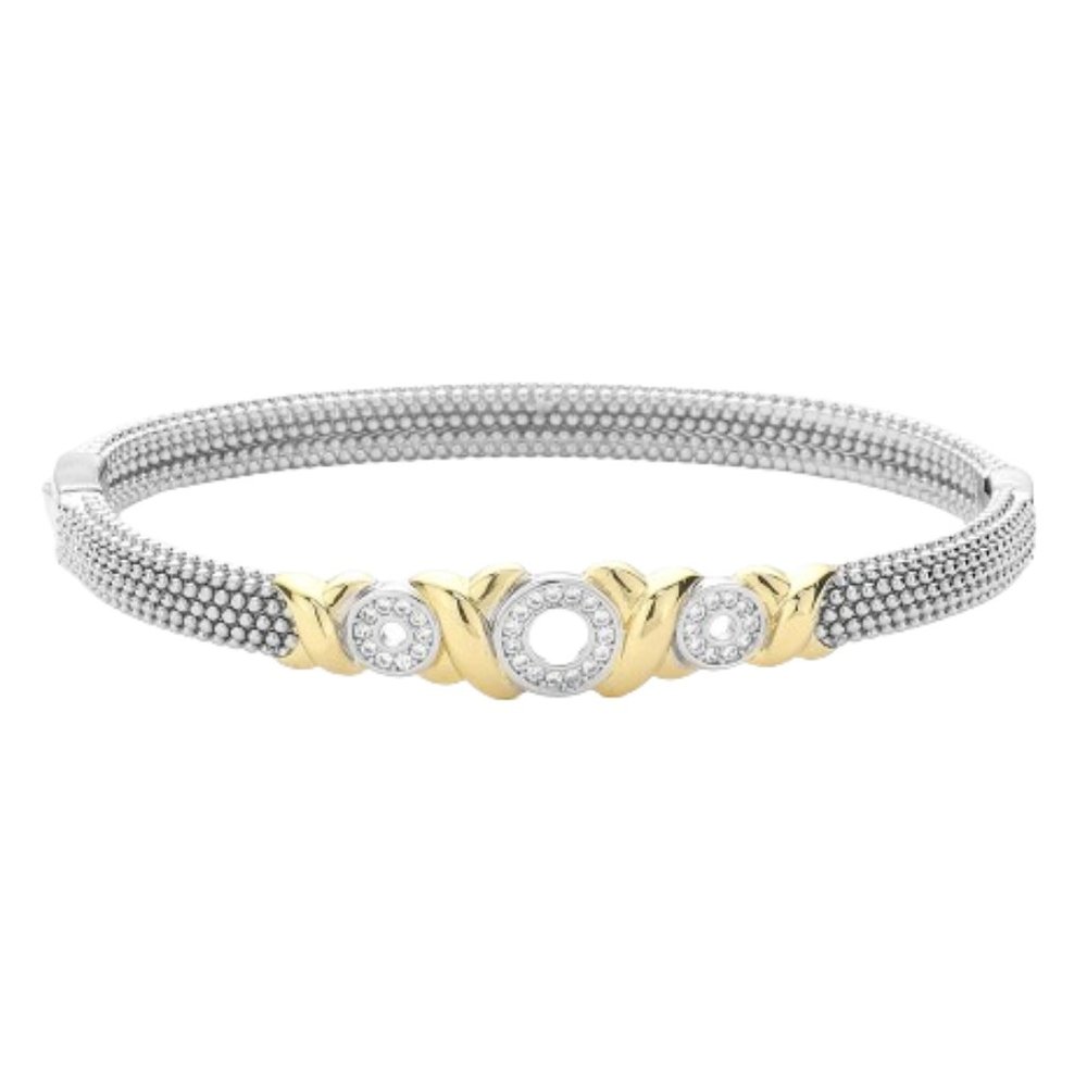 Paved Triple Open Circle Accented Crisscross Metal Bubble Bangle Bracelet